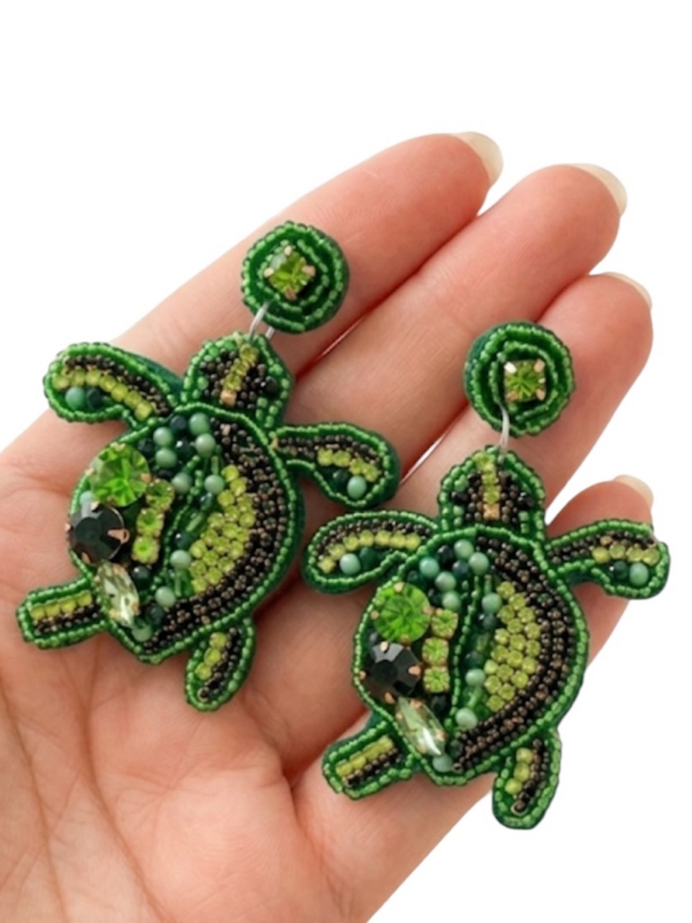 Handmade Beaded Sea Turtle Drop Earrings – Green Boho Statement Jewelry